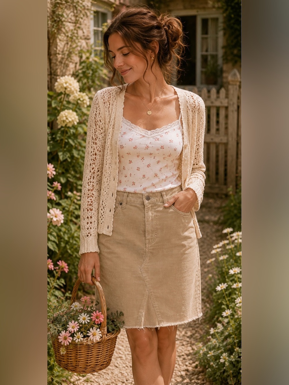 GAP 1969 Tan Corduroy Knee Length Raw Hem Skirt Size 33